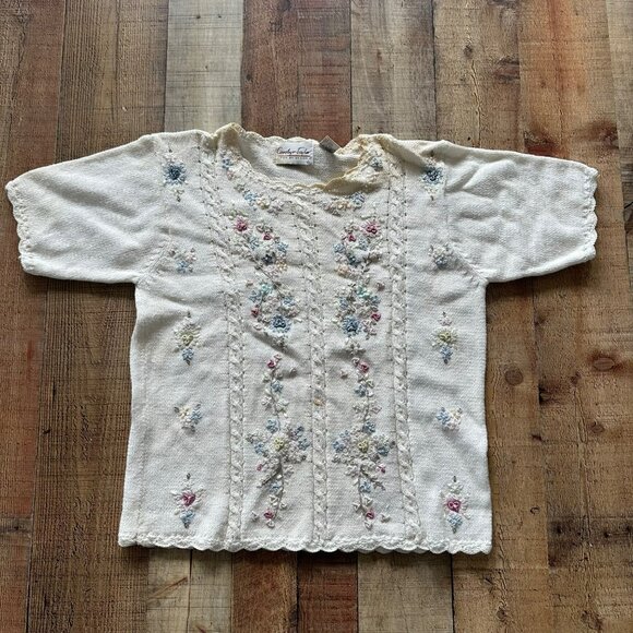 Vintage Carolyn Taylor Floral Knit Sweater With Embroidered & Pearl Details -M - Picture 1 of 10